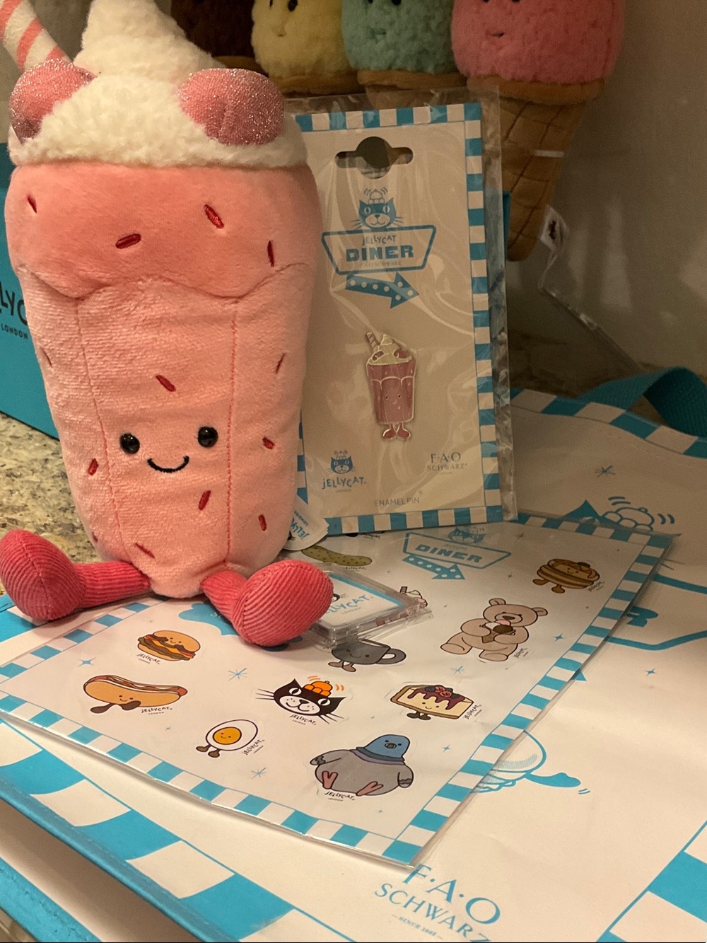 Jellycat Pink Strawberry Bubbeca Milkshake Plush with Pin, Bag and Stickers